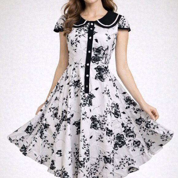 H&R London Dresses & Skirts - NWT H&R London Vintage Style Fit Flare Dress Sz 10 Black White Floral